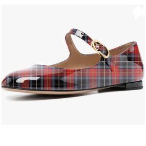 FYS Red Check Round Toe Mary Janes Cute Slim Strap Ballet Flats Comfy Walking
